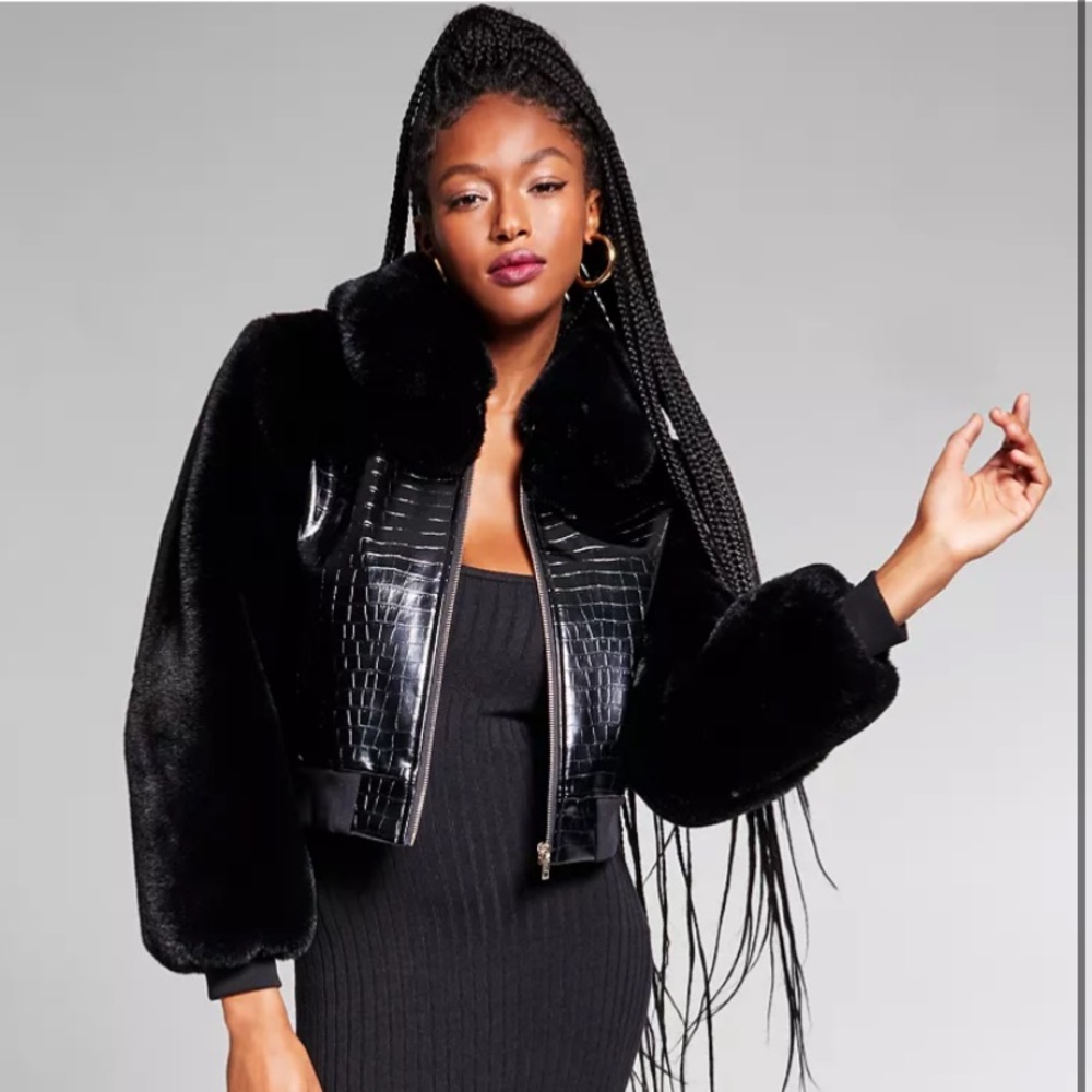 Jeannie Mai X INC Mixed-Media Cropped Bomber Jacket Sz: XL